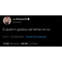 +a #Maisa18 @maisa E quem n gostou vai tomar no cu 00:11 22/05/2020 Twitter for Android 17,2K Retweets 44,5K Curtidas <